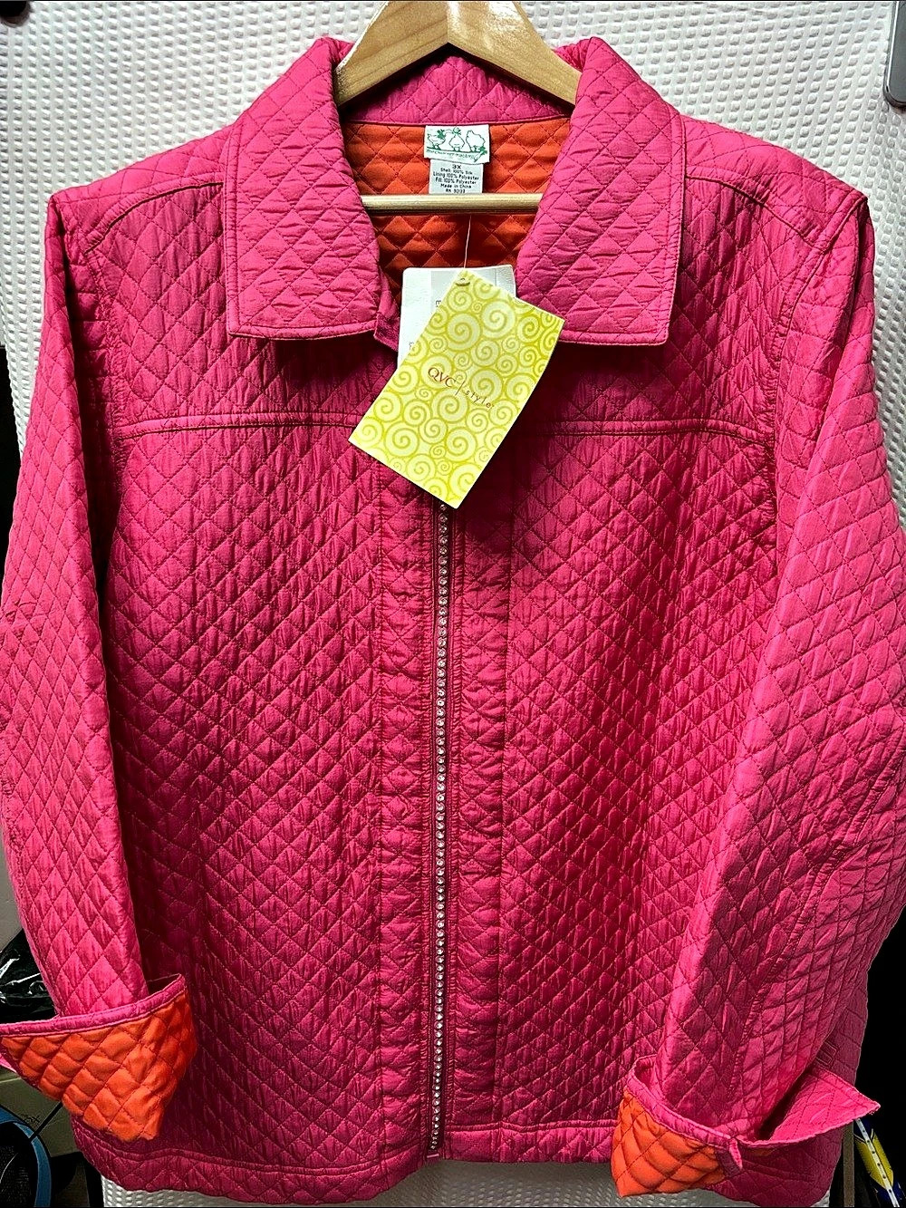 The Quacker Factory Silk Quilted Reversible Jacket with Rhinestone Zipper Pink &